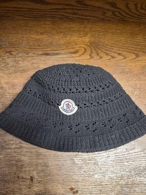 Moncler Black Knit Crochet Bucket Hat with Logo Patch
